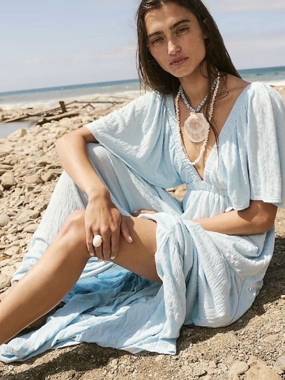 Free People Light Blue V-Neck Maxi Cover-Up Dress